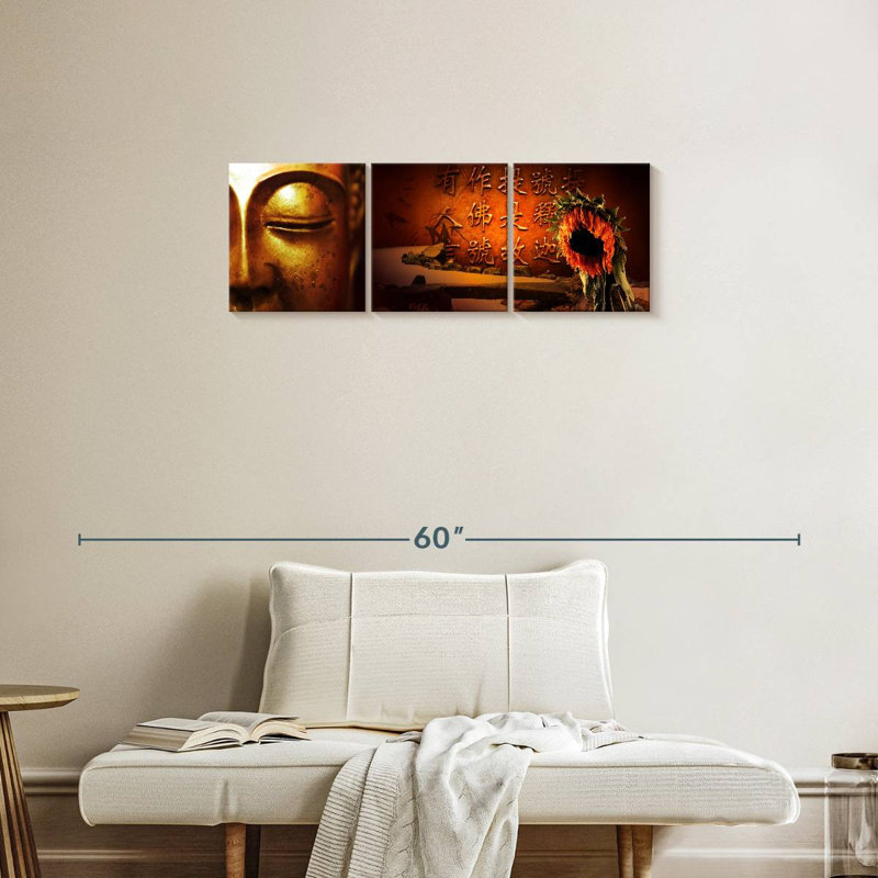 Bouddha idéologie sur toile, ensemble de 3 pièces, H 12 po x l 38 po x P 1,25 po
