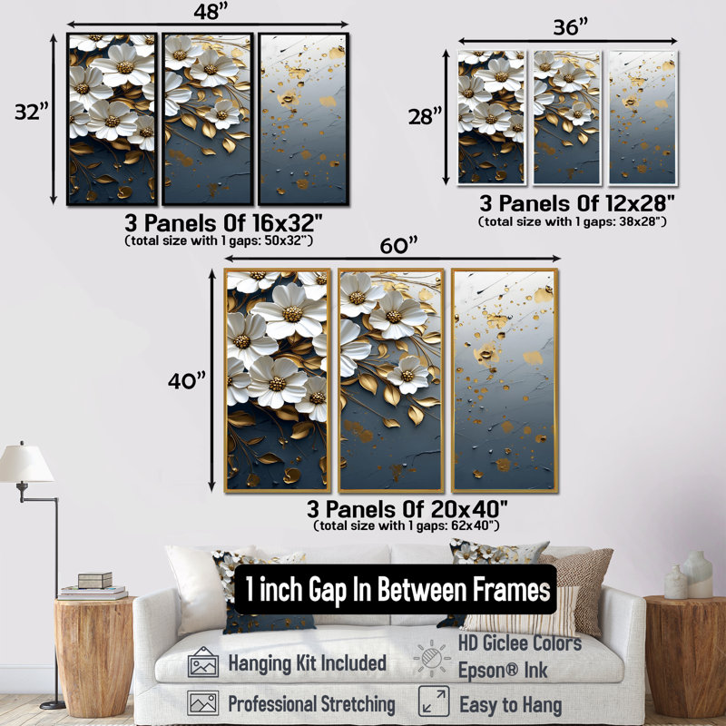 Ensemble de salon art mural blanc et bleu Meadow Charm III - Cornflowers, H 28 po x l 36 po x P 1 po