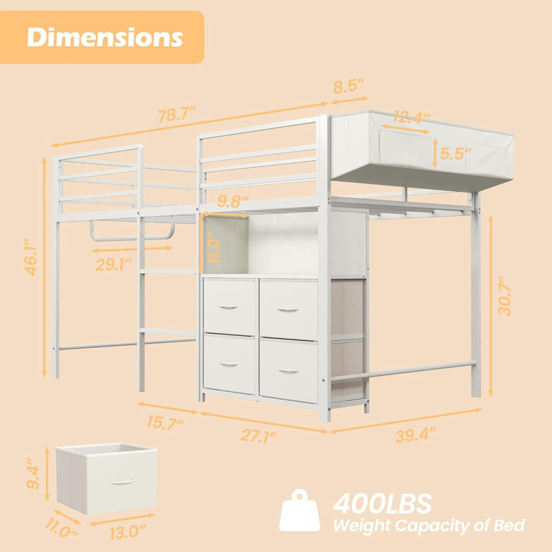 Lit mezzanine simple bas avec tiroirs de rangement et cadre à lumières DEL en métal avec bibliothèque et tringle