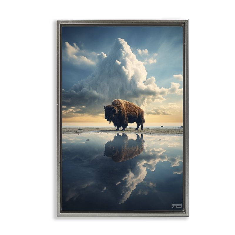 Toile flottante bison et nuages réfléchissants par Roozbeh Bahramali, Cadre flottant gris lustré, H 31 po x l 21 po