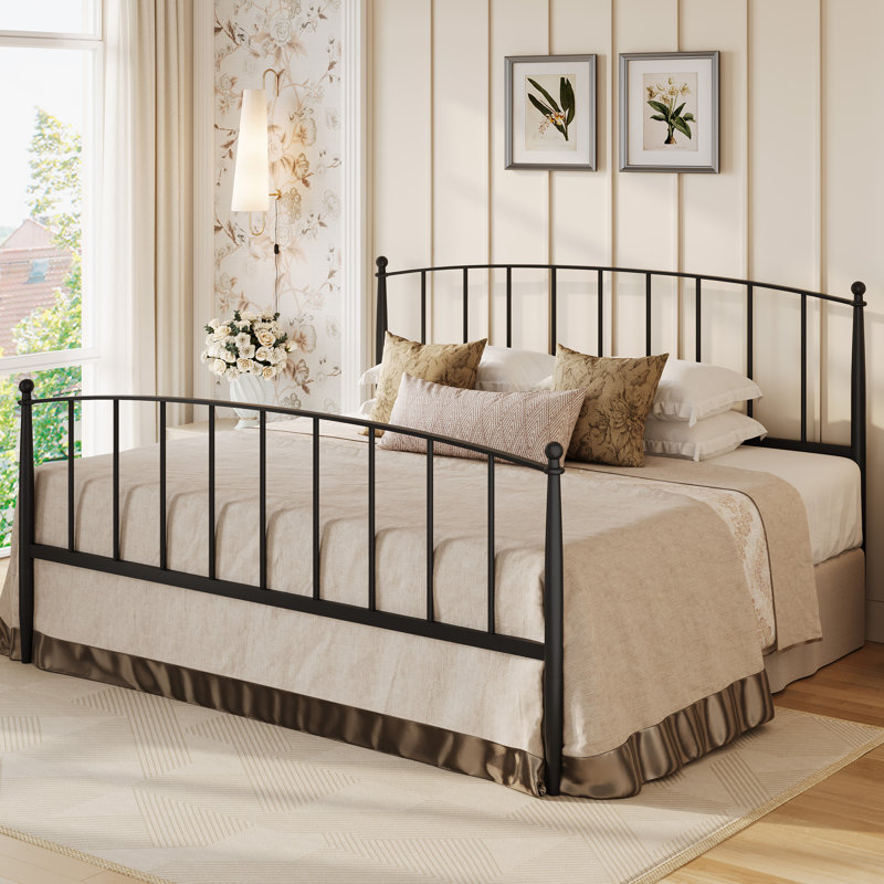 Metal Bed Frame With Victorian Style Iron-Art Headboard And Footboard, Black, King