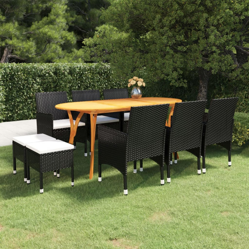  Dining Set Black Solid Acacia Wood 9 Piece Dining Set, Black, Cream White