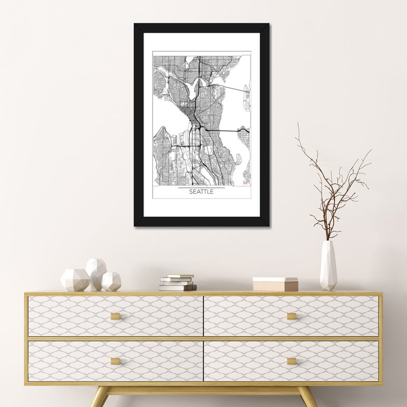 «Seattle Minimal Urban Blueprint Map», impression sur toile, H 24 po x l 16 po x P 1 po, Papier beaux-arts encadré noir