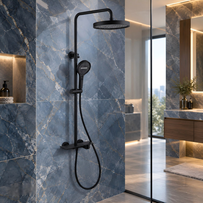 Système de douche à 3 fonctions avec pomme de douche à pluie, douchette et bec de baignoire avec inverseur à bouton-poussoir