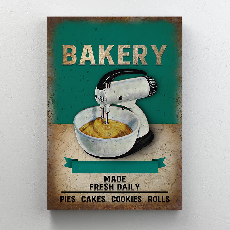Mélangeur de farine blanche sur fond vert - Boulangerie faite de tartes quotidiennes fraîches, gâteaux, rouleaux de biscuits - 1 pièce, reproduction d'art graphique sur toile tendue