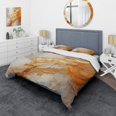 Ensemble d'édredon moderne 4 pièces - Spirales dorées et blanches avec des taies décoratives et des coussins décoratifs
