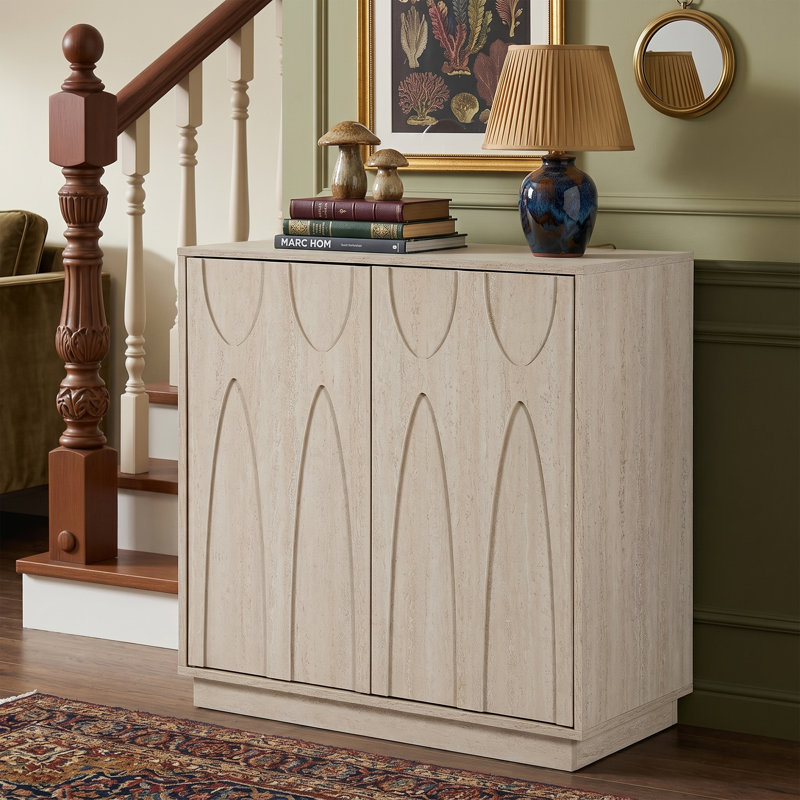 Buffet 31,5 "de largeur Mid-Century moderne avec 2 portes - Armoire de rangement en noyer avec tablette réglable - Conception à pousser - Console d'angle arrondie