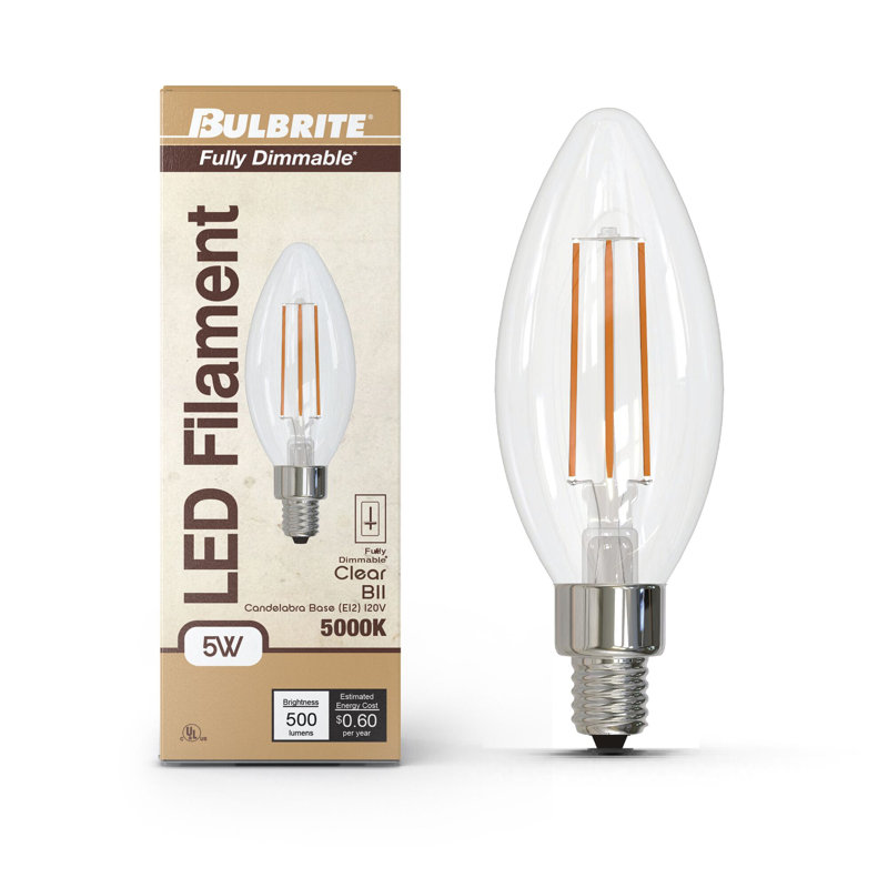 Ampoule à intensité variable B11 avec finition en verre transparent et base candélabre (E12), 5 W, 500 lumens