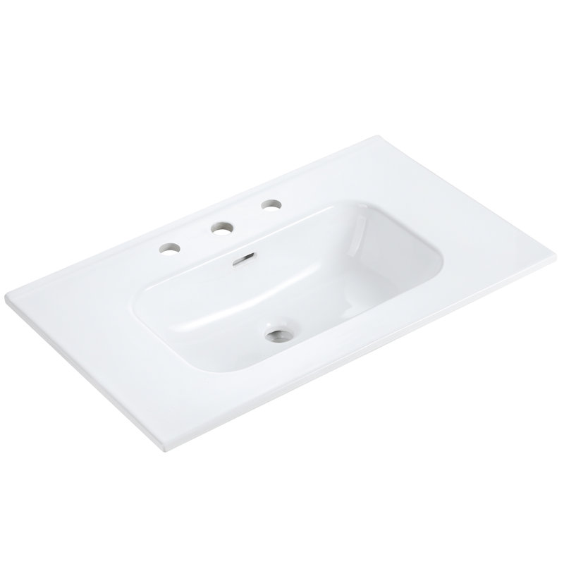 Lavabo de salle de bain intégré en céramique blanche avec trois trous de robinet prépercés | Idée de cadeau