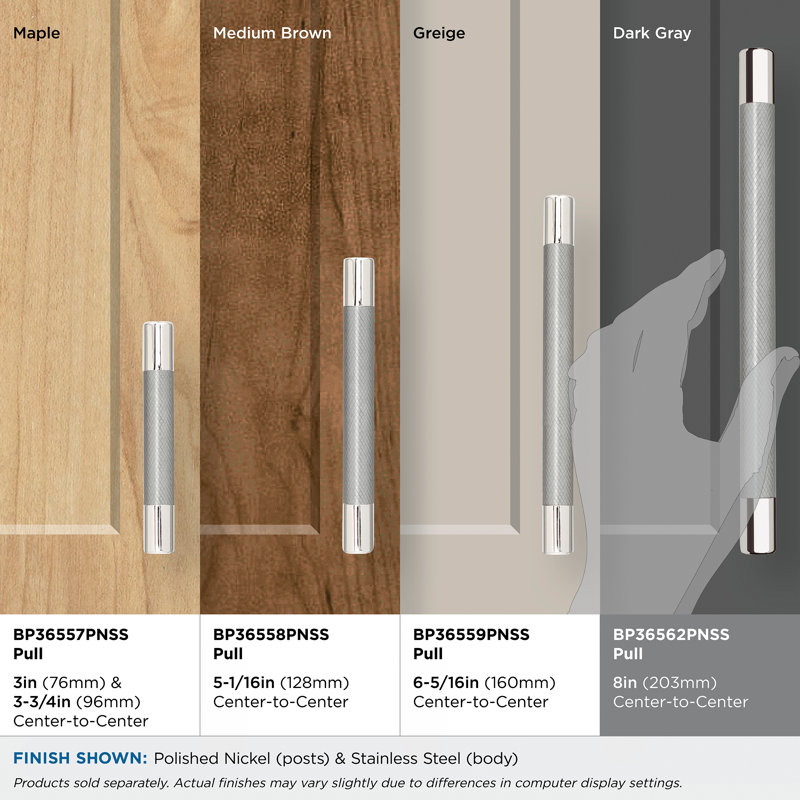 Poignée d'armoire Esquire 8 pouces (203 mm) en nickel poli de centre à centre, Nickel poli / acier inoxydable
