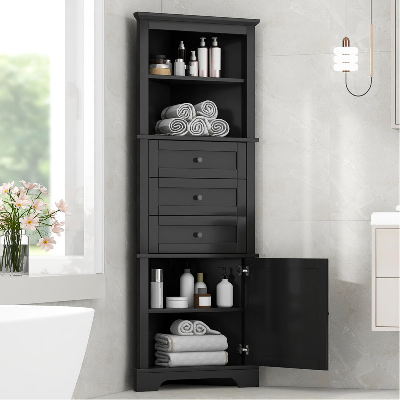 Grande armoire triangulaire noire avec 3 tiroirs et tablettes réglables pour la salle de bain, la cuisine ou le salon, panneau en bois aggloméré avec finition peinte