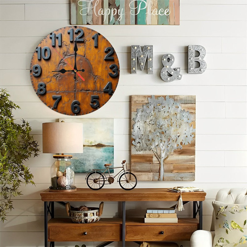 Horloge murale 10 po en MDF rond avec mouvement à quartz silencieux et crochet sans perceuse (piles AA non incluses)