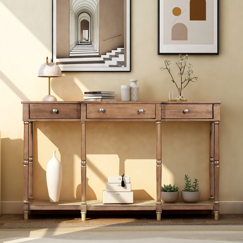 Console en bois massif 58,07 po Wampler, Brun, Brun, H 34,06 po x l 58,07 po x P 11,02 po