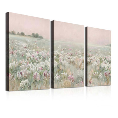 3 Piece Soft Meadow Flower Canvas Prints Pictures for Living Room, Blush Pink and Sage Green Floral Poster Wall Art 40x60 cm