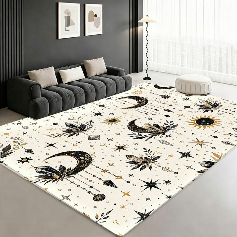 Tapis Boho Celestial Black Gold Sun Moon Crystal, Rectangle 9 pi 10 po x 6 pi 7 po (300 x 200 cm)