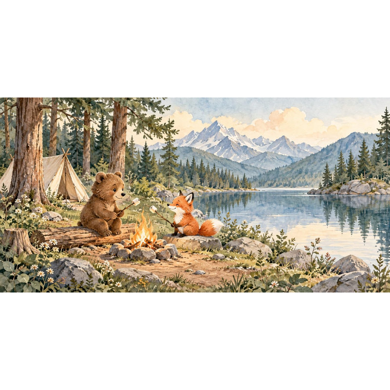 Bear and Fox Campfire Wallpaper Mural, Peel and Stick Kids Room Wall Mural, Watercolor Camping Nursery Wallpaper