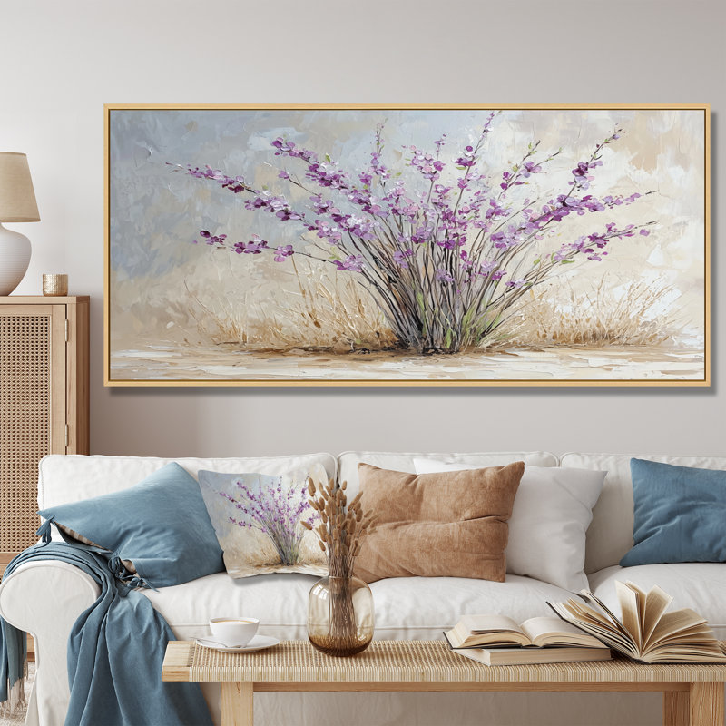 Bouquet de lavande minimaliste - art mural lavande, H 28 po x l 60 po, Cadre flottant, Blanc