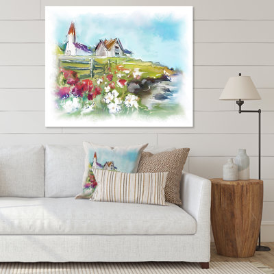 Bâtiments blancs sur un pré vert coloré - peinture sur toile