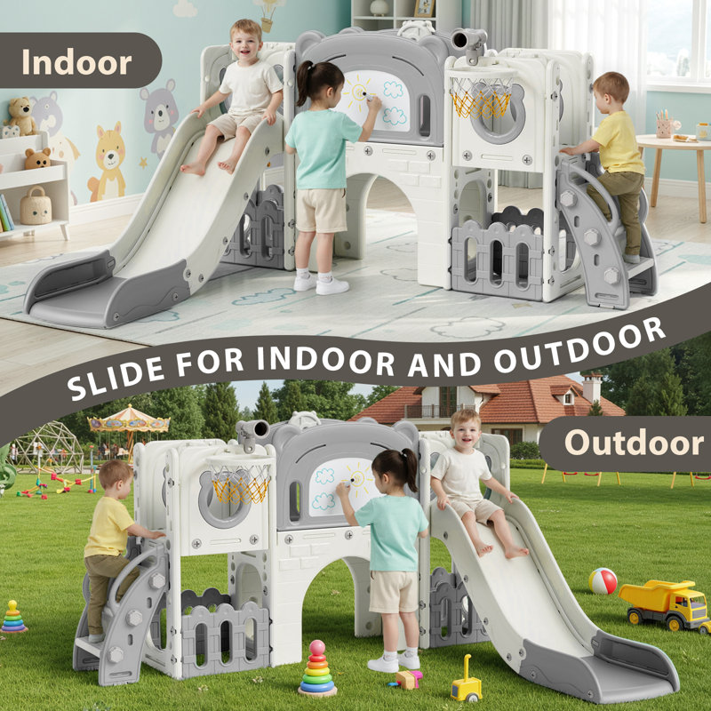 10-In-1 Toddler Slide Set, Kid Climber Slide Playset With Basketball Hoop And Ball, Drawing Board, Non-Slip Steps, Indoor Outdoor Playground For Age 3+(Gray And White)