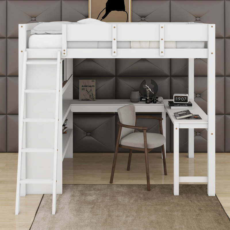 Lit mezzanine double avec bureau et tablette, Blanc