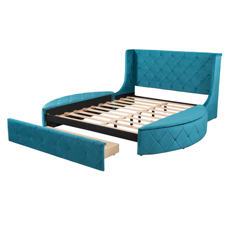 Upholstered Platform Bed With Wingback Headboard And Drawer, Blue