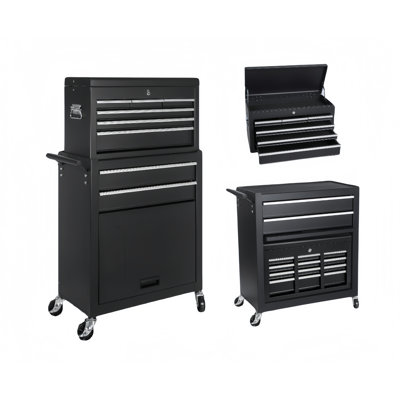 Coffre à outils Ool, armoire de rangement à outils à 8 tiroirs avec coffre à outils amovible 2 en 1, doublure, roues verrouillables, crochets latéraux, mécanisme de verrouillage