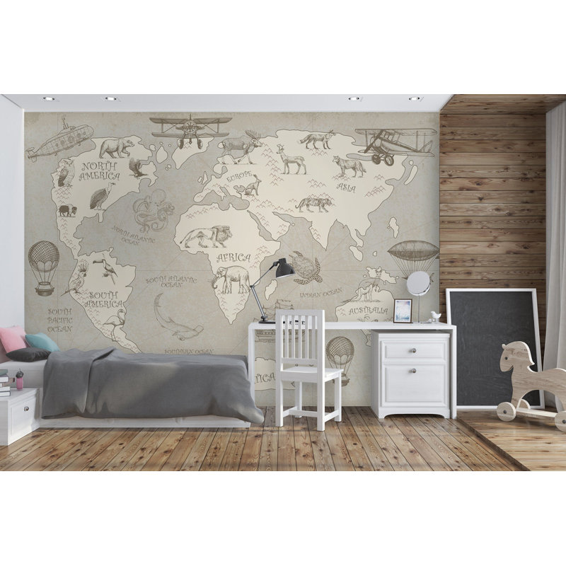 Papier peint amovible doux mappemonde avec des animaux, L 105,96 po x l 187 po