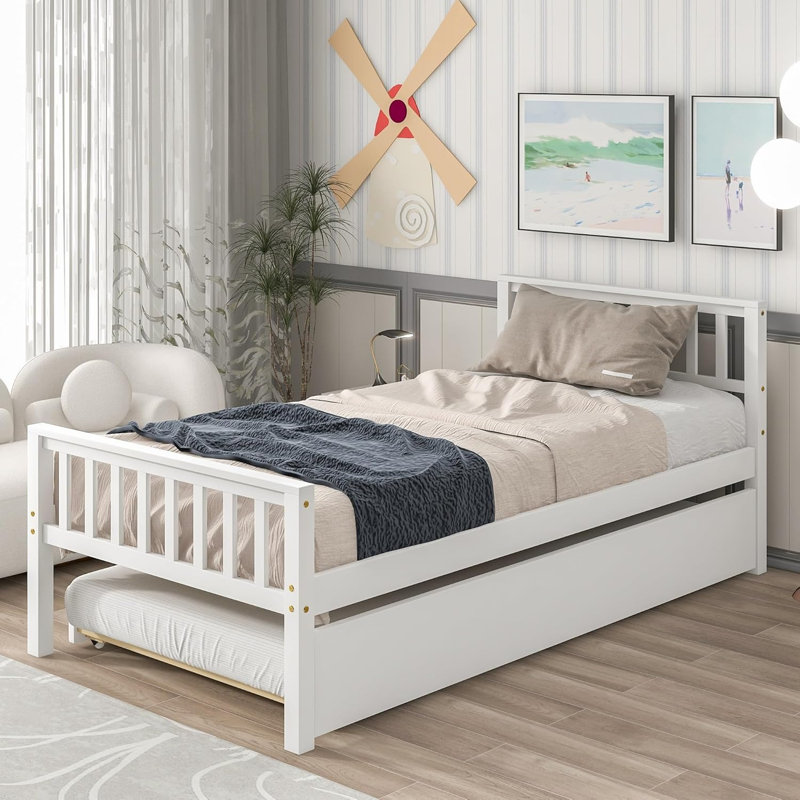 Solid Wood Twin Bed Frame with Drawers, Platform Storage Bed, Slat Support, No Box Spring Needed, White
