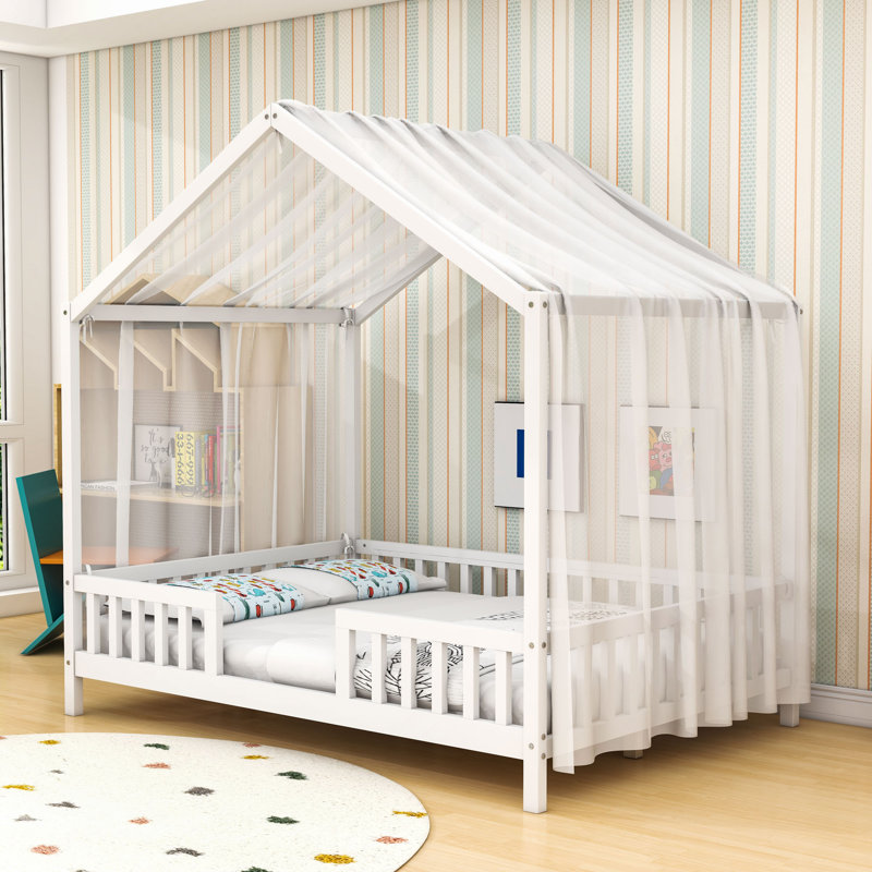 House Bed With Slats And Safety Railings, Full, White