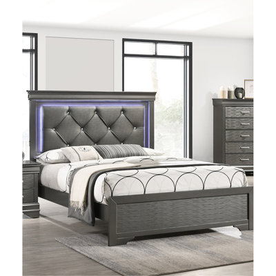 Très grand lit ultra moderne en similicuir gris foncé avec cadre en bois transitionnel