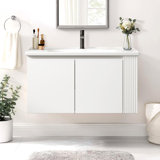Wall-mounted Floating Bathroom Vanity With Ceramic Sink,free-handle Design,side Open Shelves