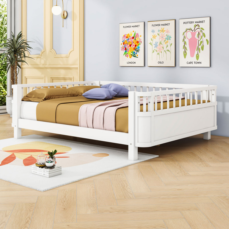 Wood Platform Bed with Rails, Full, White