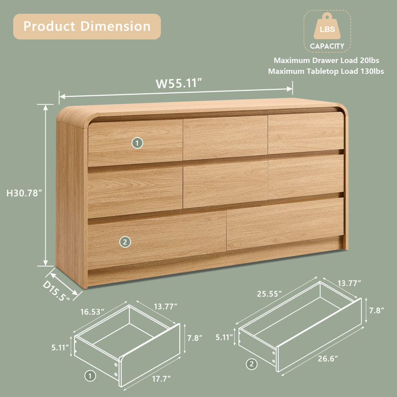 Maud Modern 8 Drawers Dresser for Bedroom, 55" Wide Dressers & Chest of Drawers w/Curved Profile Design, Natural