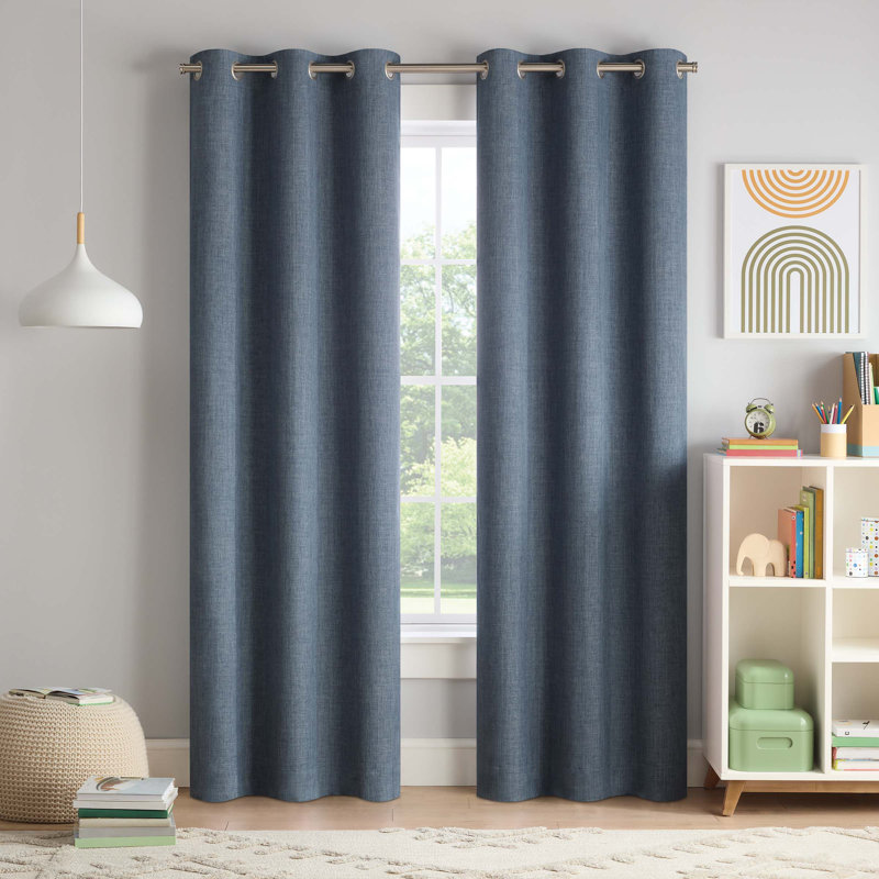 Eclipse Kids Chambray Solid 100% Blackout Grommet 84" long x 40" wide Curtain panel in Grey, Navy, 40" W x 84" H