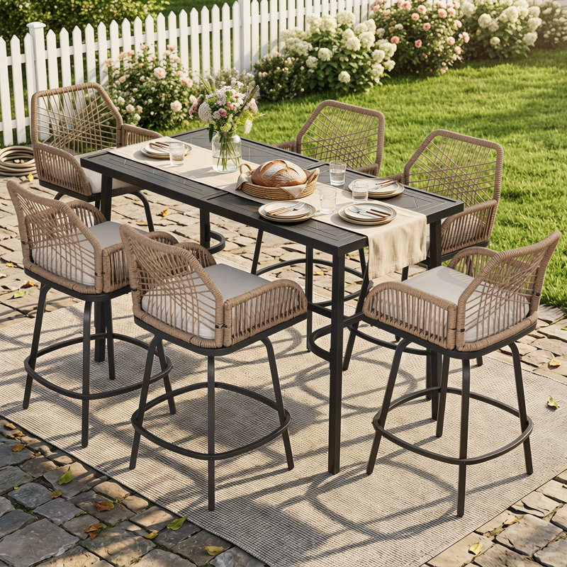 Ensemble de bar d'extérieur 7 pièces, chaises pivotantes en rotin avec coussins