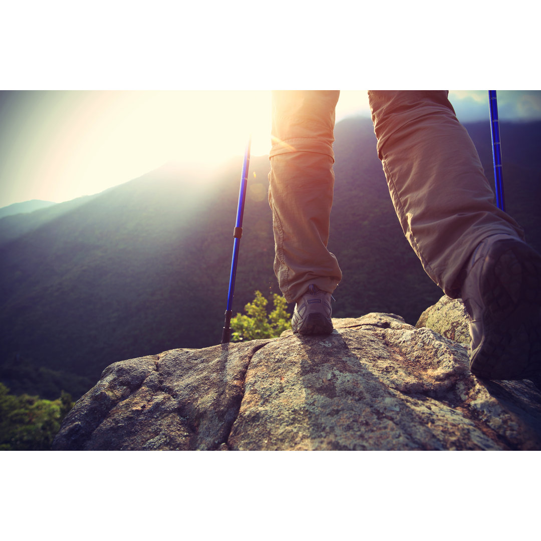 Leinwandbild Woman Hiker Legs Stand on Mountain Peak Rock