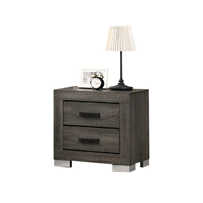 Table de chevet grise en bois avec 2 tiroirs et poignées noires - Utilisation peu encombrante