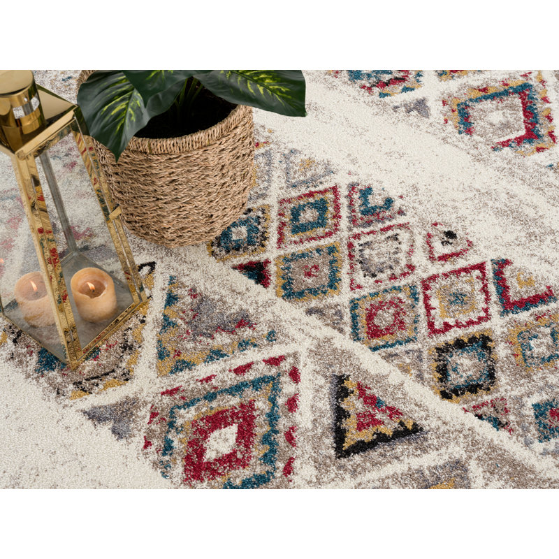 Tapis intérieur crème / rouge Boho de 5 pi x 5 pi (5 pi 3 po x 5 pi 3 po) Safran, Rond 5 pi 3 po