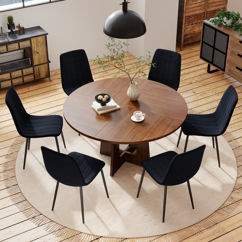 47in Round Dining Table and 6 Velvet Chairs Set,  MDF Table and Chairs with Metal Legs, Farmhouse Set for Kitchen Dining Room