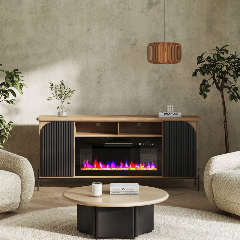  68" Fluted TV Stand with 36" Electric Fireplace, Modern Entertainment Center with Storage for TVs Up to 75", Media Console with Curved Panel & Door