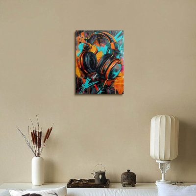 Toile, art mural encadré, écouteurs colorés, musique, graffiti, décor urbain, affiches de style urbain, affiches, peinture, œuvres d'art pour adolescents, chambre à coucher, studio de jeu, studio, appartement créatif, 12 x 16 pouces