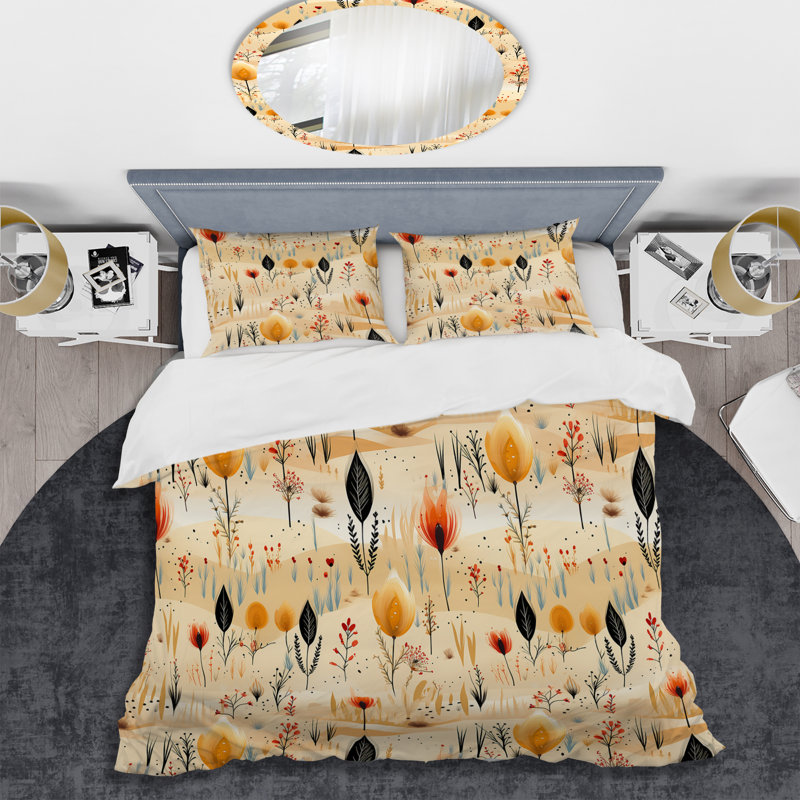 Ensemble de housse de couette beige à motif de fleurs de prairie, Housse de couette simple + 1 taie décorative stan