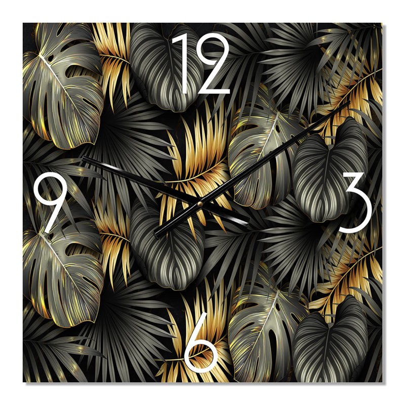 Horloge murale moderne feuilles noires et or tropicales II, Petit