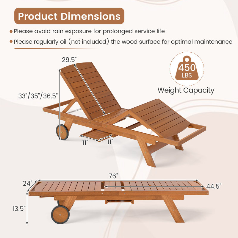 Outdoor Chaise Lounge Chair With Wheels, 4-Position Wooden Patio Recliner With Adjustable Backrest