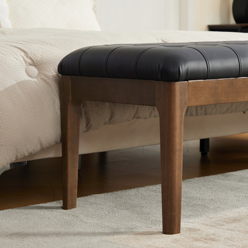 Banc capitonné à boutons avec appui-tête et pieds en noyer foncé, Black / Patchwork, Black