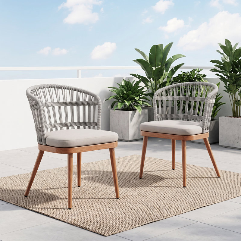 Ensemble de 2 chaises de salle à manger d'extérieur avec dossier en corde tressée, sièges rembourrés et structure aspect bois