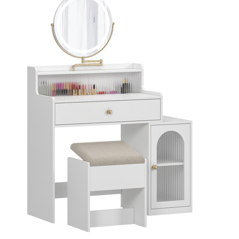 Bureau de coiffeuse blanc avec miroir pivotant à 360 ° et lumières réglables, coiffeuse pour filles avec fauteuil de rangement et armoire d'appoint avec portes en verre Waveform, coiffeuse avec tiroir, coiffeuse
