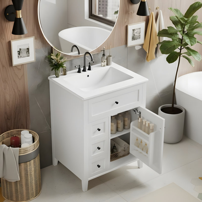 Meuble-lavabo 24 po avec lavabo, 4 tiroirs, 1 porte et tablette réglable, Blanc, 24, Ensemble central de 4 po