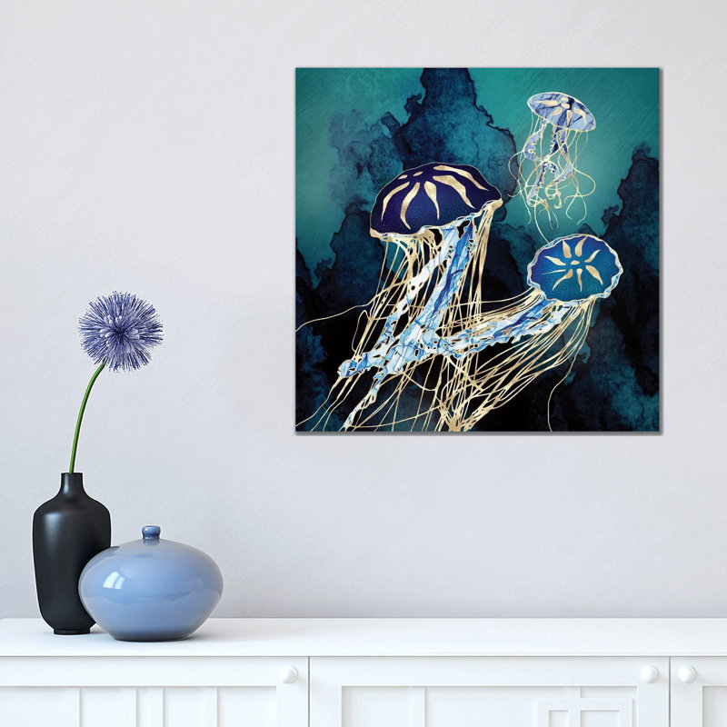 Metallic Jellyfish III - Floater Frame Print on Canvas, 45.72 cm H x 45.72 cm W x 1.91 cm D, No Framed