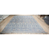 Blue Hand-Knotted Wool Linear Diamond Grid Geometric Modern Contemporary Carpet Rug